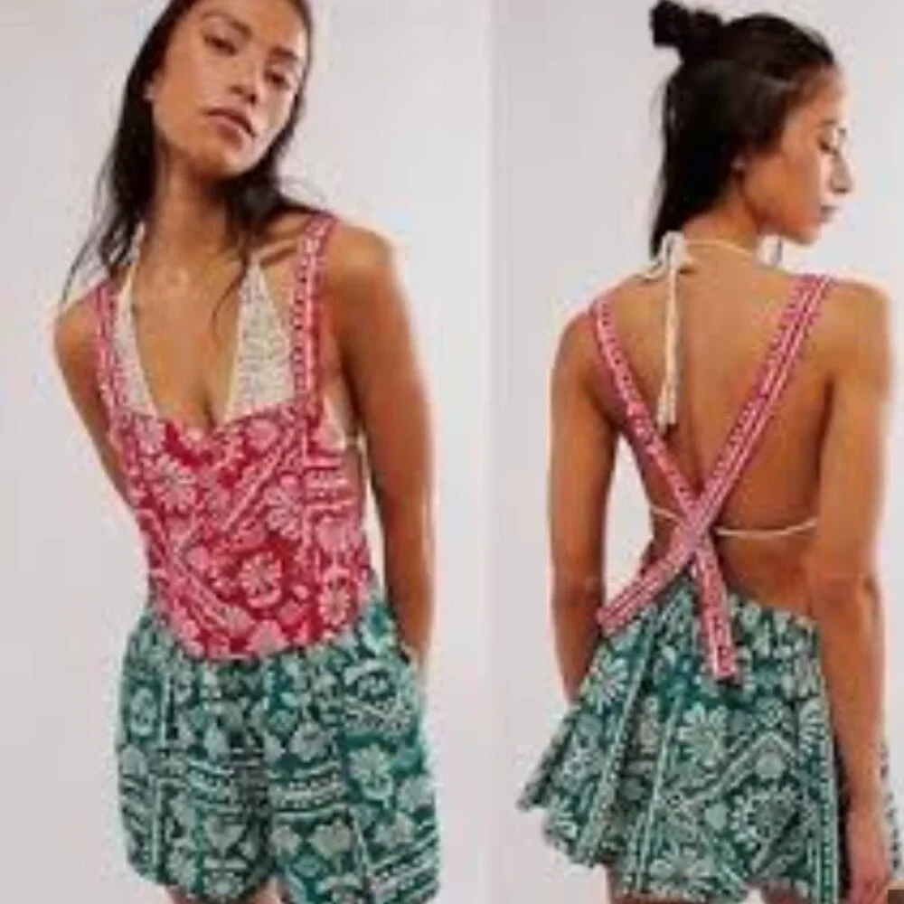 NEW  Free People Women's Red Palm Bay Printed Shortalls